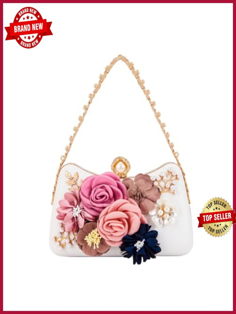 Unique Floral Pearl Evening Bag with Crystal Top Handle Formal Dressy
